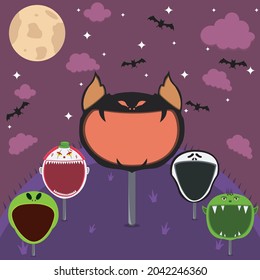 Monstruo Jefe en Campo y Noche. Cabeza de murciélago, crema, Payaso espeluznante, alienígena y Goblin. Vector E Ilustración.