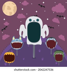 Head Monster Set in Field and Night. Big Ghost Head, Pumpkin, Frankenstein, Dracula and Wolf  .Vector And Illustration.