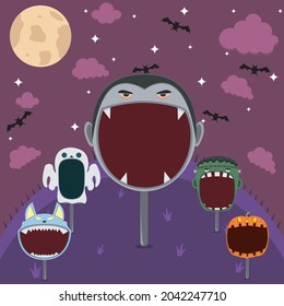 Head Monster Set in Field and Night. Big Dracula Head, Pumpkin, Frankenstein, Ghost and Wolf  .Vector And Illustration.