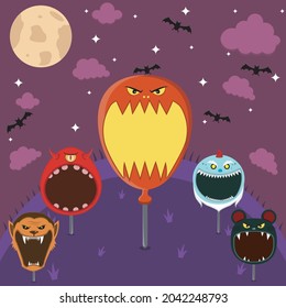 Head Monster Set in Field and Night. Big Balloon Head, One Eye Monster, Wolf Man and Mouse, Creepy Gnome .Vector And Illustration.