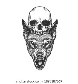 A head of a monster and a skull. Can be used as a sketch of a tattoo.