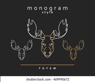 Head moose. Totem moose. Sketch of moose, elk. Wild animals. Emblem vector. Christmas deer. Forest animals. Elk horns. The head of a caribou 