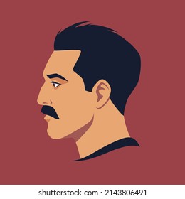 Head of moustached man in profile. Portrait of moustached brunet man. Avatar of brutal man with mustache for social networks. Abstract male portrait, face side view. Stock vector illustration.