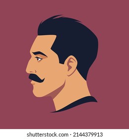 Head of moustached man in profile. Portrait of moustached brunet man. Avatar of brutal man with mustache for social networks. Abstract male portrait, face side view. Stock vector illustration.