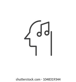 Head with musical note outline icon. linear style sign for mobile concept and web design. Creative music simple line vector icon. Symbol, logo illustration. Pixel perfect vector graphics