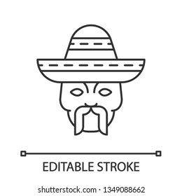 Head with mustache and sombrero linear icon. Macho. Traditional mexican man. Thin line illustration. Contour symbol. Vector isolated outline drawing. Editable stroke