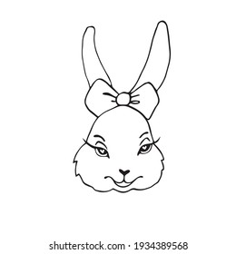 Head, muzzle of cute rabbit, hare, bunny. Vector contour hand drawn illustration, clipart, children's design element for Easter, coloring books