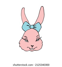 Head, muzzle of cute rabbit, hare, bunny girl in love. Vector colorful hand drawn illustration, clipart, children's design element, Easter, Valentines day