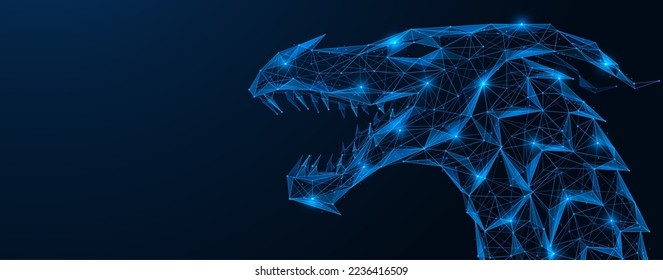 Head of a mythical dragon. Polygonal design of interconnected lines and points. Blue background.