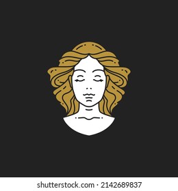 Head mythology antique blonde woman with waving hair and closed eyes hand drawn line art icon vector illustration. Portrait of beautiful elegant ancient female with natural beauty and perfect skin