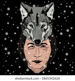 Head of a Native American man in wolf mask or hat under snowflakes. Winter animal totem. Hand drawn colorful art.