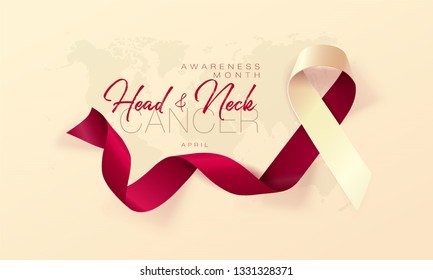 Head and Neck Cancer Awareness Calligraphy Poster Design. Realistic Burgundy and Ivory Ribbon. April is Cancer Awareness Month. Vector