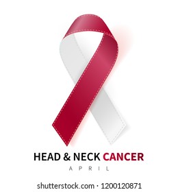 Head and Neck Cancer Awareness Month. Realistic Burgundy Ivory ribbon symbol. Medical Design. Vector illustration.