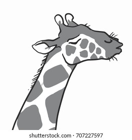head and neck of ignore giraffe isolated at white background, emotion faces of a giraffe, black and white vector sketches in cartoon style, drawings