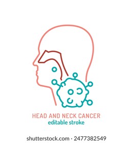 Head and neck malignancy. Oropharyngeal cancer. Oncology linear pictogram. Interdisciplinary medical specialty symbol. Cancer icon, sign in outline style. Editable stroke. Vector illustration