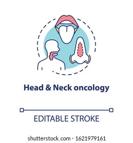 Head and neck oncology concept icon. ENT disorders. Diseases of ears, nose, and throat. Otorhinolaryngology idea thin line illustration. Vector isolated outline RGB color drawing. Editable stroke