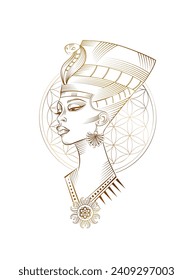 Head of Nefertiti against the background of the flower of life, sacred geometry. Vector monochrome tattoo - an ancient Egyptian magical symbol of Luck and Love.