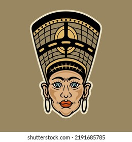 Head of nefertiti, ancient egyptian queen vector illustration in colorful cartoon style isolated on light background