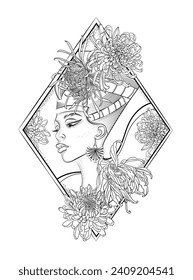 The head of Nefertiti is surrounded by Chrysanthemum and Peony flowers. Vector monochrome tattoo - ancient Egyptian magical symbol of Luck and Love