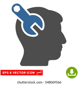 Head Neurology Wrench EPS vector pictograph. Illustration style is flat iconic bicolor cobalt and gray symbol on white background.