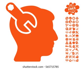 Head Neurology Wrench icon with bonus tools pictograph collection. Vector illustration style is flat iconic orange symbols on white background.