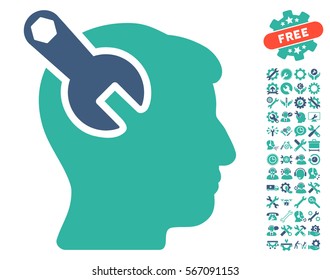 Head Neurology Wrench icon with bonus configuration clip art. Vector illustration style is flat iconic cobalt and cyan symbols on white background.