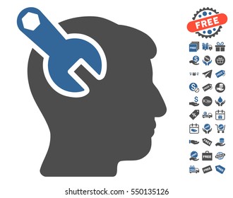 Head Neurology Wrench icon with free bonus symbols. Vector illustration style is flat iconic symbols, cobalt and gray colors, white background.