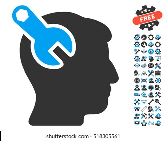 Head Neurology Wrench pictograph with bonus options design elements. Vector illustration style is flat iconic blue and gray symbols on white background.