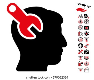 Head Neurology Wrench pictograph with bonus flying drone tools icon set. Vector illustration style is flat iconic intensive red and black symbols on white background.