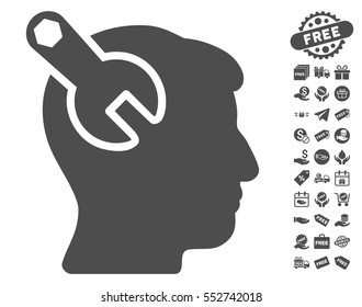 Head Neurology Wrench pictograph with free bonus icon set. Vector illustration style is flat iconic symbols, gray color, white background.