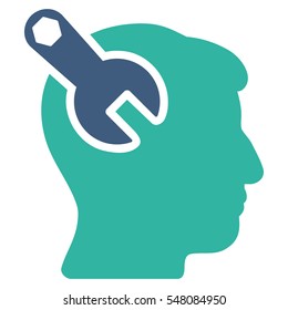Head Neurology Wrench vector pictograph. Style is flat graphic bicolor symbol, cobalt and cyan colors, white background.