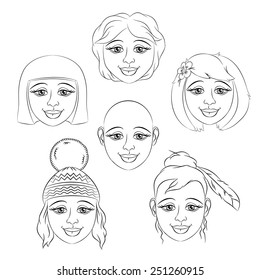 The head nice smiling girl  with different hairstyles, in style of the outline. 
