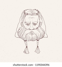 Head of Nordic warrior with beard braids hand drawn with contour lines on light background. Outline drawing of face of legendary hero, folkloric character, viking. Monochrome vector illustration.