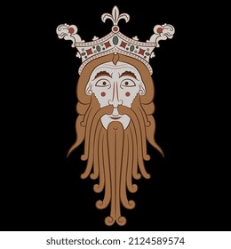 Head of Norse god Woden or Odin. Portrait of a bearded man in royal crown. Male head. Face of medieval kind. Isolated vector illustration. On black background.