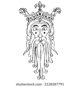 Head of Norse god Woden or Odin. Portrait of a bearded man in royal crown. Male head. Face of medieval kind. Hand drawn linear doodle rough sketch. Black silhouette on white background.