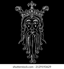 Head of Norse god Woden or Odin. Portrait of a bearded man in royal crown. Male head. Face of medieval kind. Hand drawn linear doodle rough sketch. White silhouette on black background.