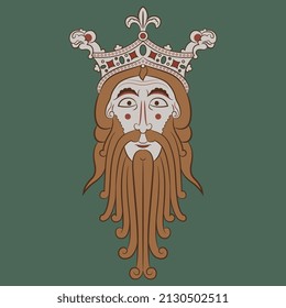 Head of Norse god Woden or Odin. Portrait of a bearded man in royal crown. Male head. Face of medieval king. On green background.