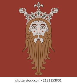 Head of Norse god Woden or Odin. Portrait of a bearded man in royal crown. Male head. Face of medieval king. On red background.