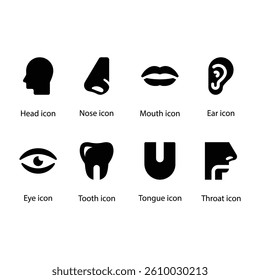 Head, Nose, Mouth, Ear, Eye, Tooth, Tongue, Throat, Black Icon Set