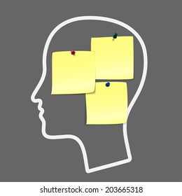 Head notes with a blank yellow paper note as a business reminder as a to do list.