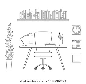 Head office in a linear style. The interior of the study room or personal office in an outline, style. Vector coloring page.