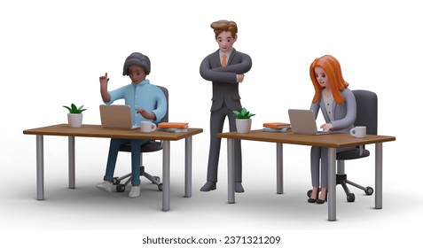 Head and office workers with laptops. Control of workflow. Management of subordinates. Successful personnel management. Coaching. Business color concept