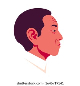The Head Of A Old Asian Man In Profile. Chinese Businessman Face Side View. Avatar For Social Networks. Vector Flat Illustration