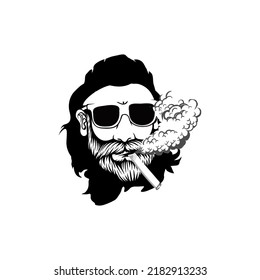 Head of a  Old man with a beard, in glasses and a smoking.Tattoo or print. Hand drawn illustration converted to vector