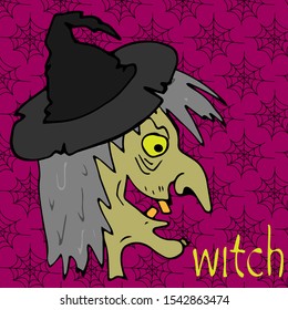 Head of an old witch with a big nose in a hat. Image with colorful witch on purple background. Scary spider web background. Halloween night. Vector image. Design element. Witch hat. Vector art.