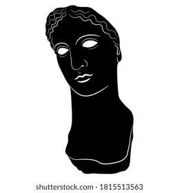 Head on ancient Greek or Roman female sculpture. Goddess Hera. Portrait of antique woman. Black and white silhouette.
