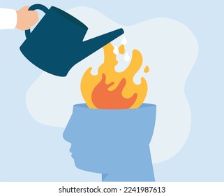 Head on fire carrying accumulate stress gets help from a psychotherapist. Psychologist Extinguishes the fire of depression, burnout or hysteria of his patient. Illustration of Mental health disorders.