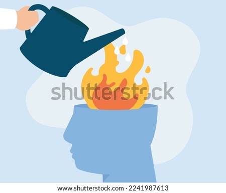Head on fire carrying accumulate stress gets help from a psychotherapist. Psychologist Extinguishes the fire of depression, burnout or hysteria of his patient. Illustration of Mental health disorders.