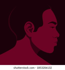 Der Kopf des Typen ist auf der Seite. Porträt eines Afrikaners in Profil. Vielfalt. Avatar. Vektorgrafik