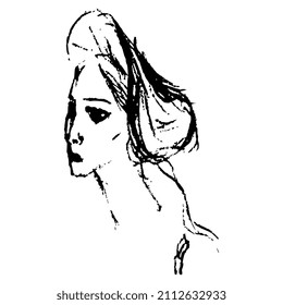 Head on a young girl in vintage bonnet. Female portrait. Hand drawn rough sketch. Black and white silhouette.